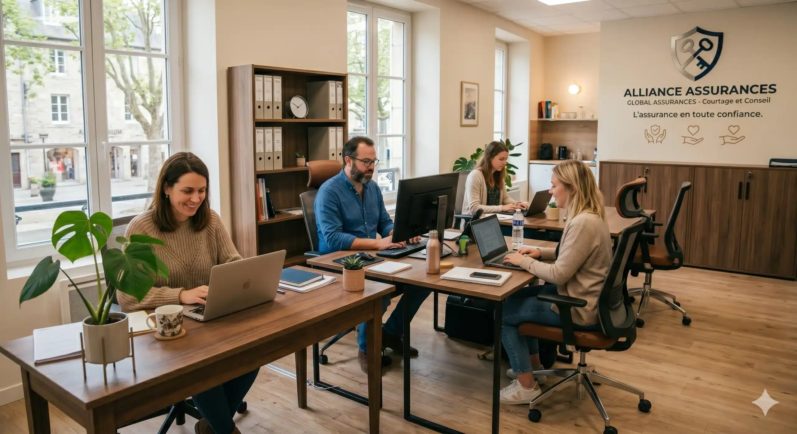 Collaborateurs agence assurance travaillant sur Page coming soon et page de maintenance d'un site assurance 