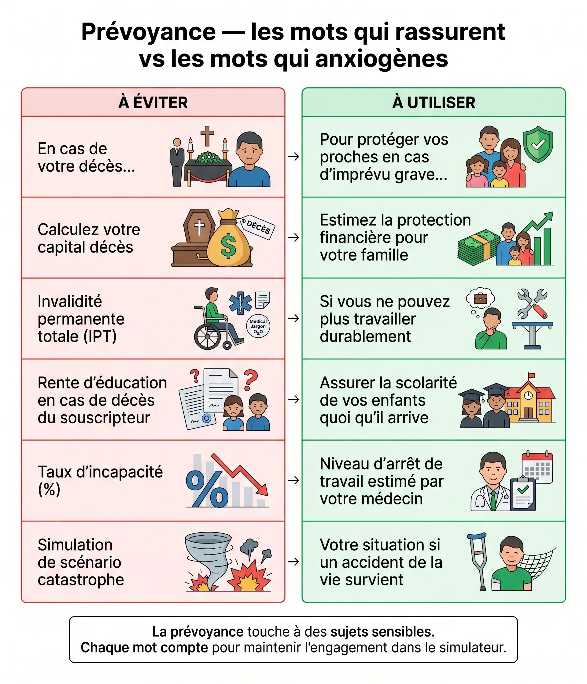 Prévoyance — les mots qui rassurent vs les mots qui anxiogènes