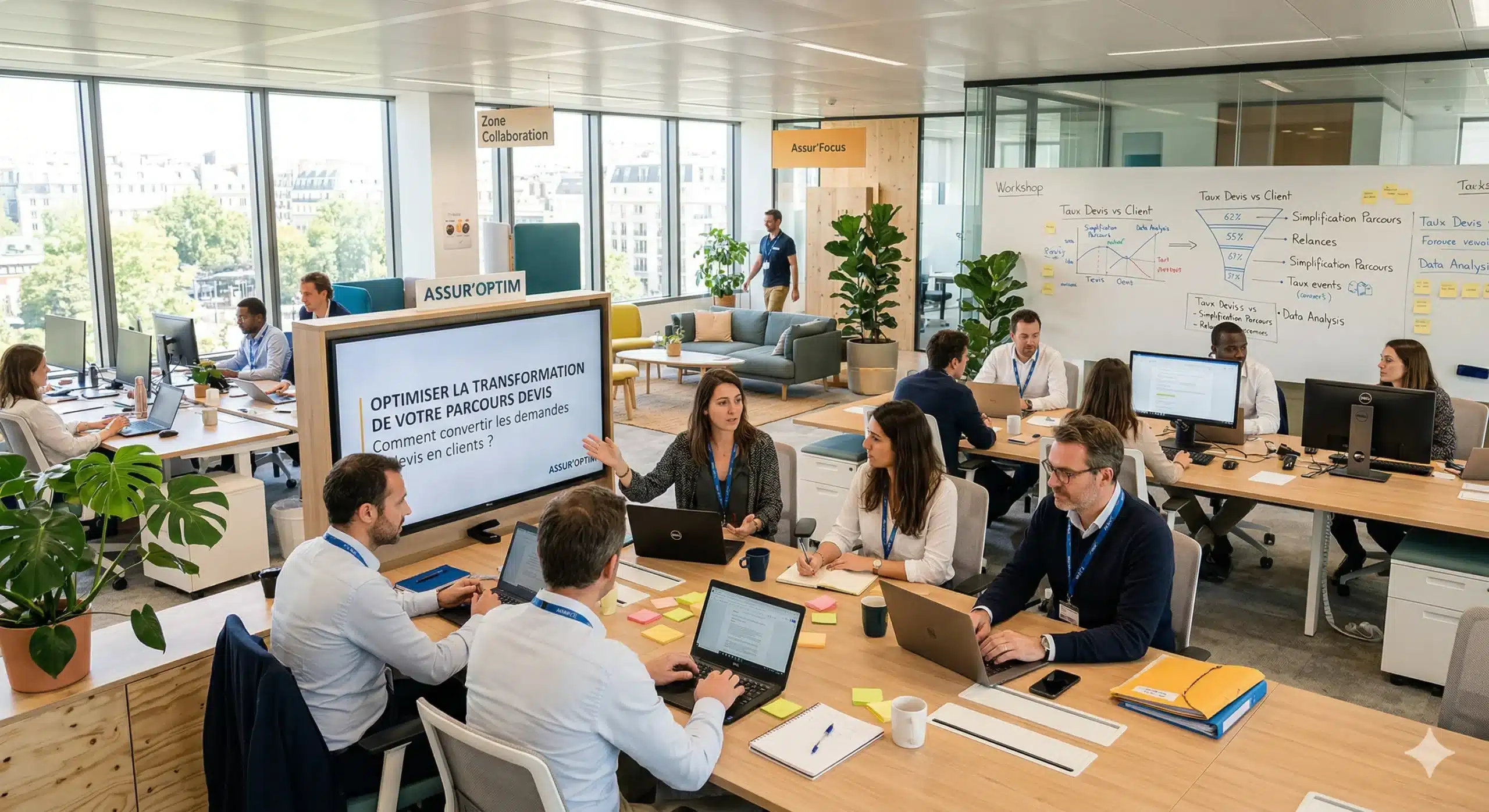collaborateurs en assurance travaillant sur l'optimisation de la transformation du parcours devis