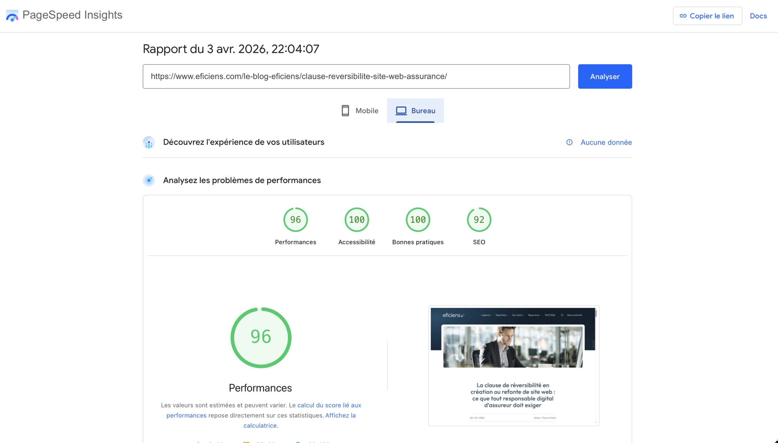 PageSpeed insights - un score de 96/100 pour Eficiens