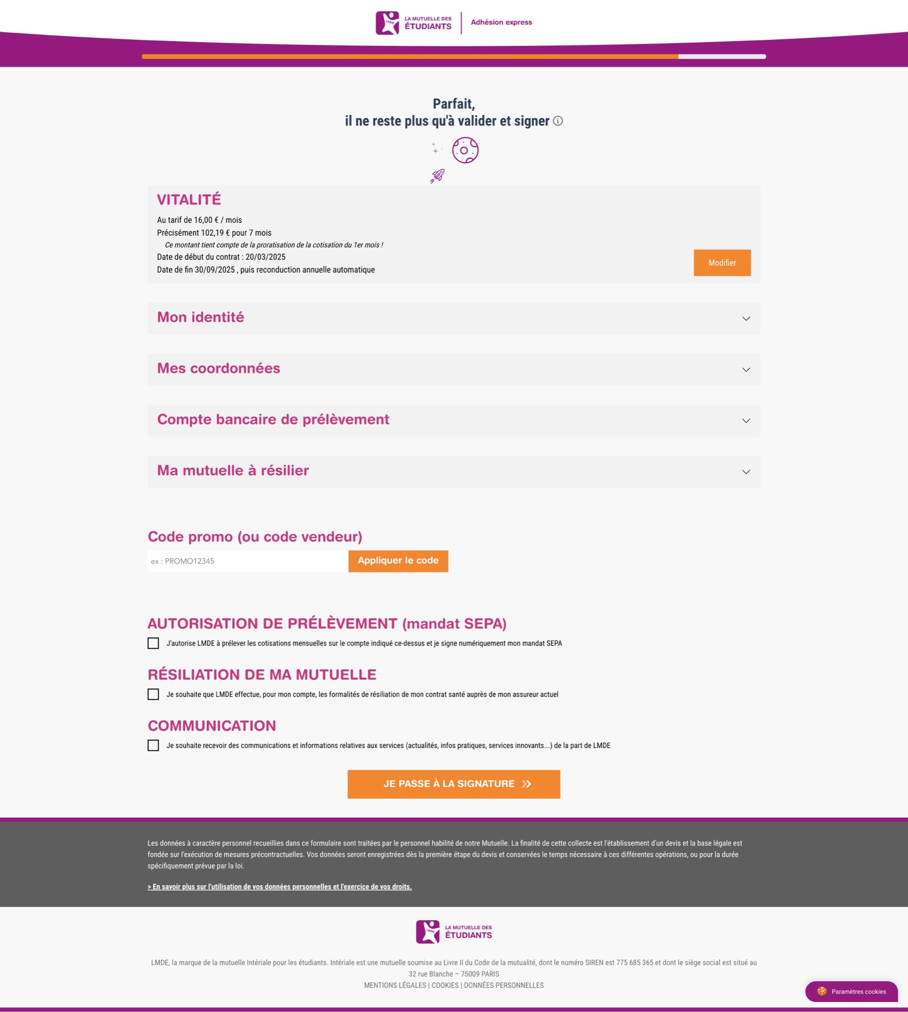 Page de pré-signature - Réalisation Eficiens