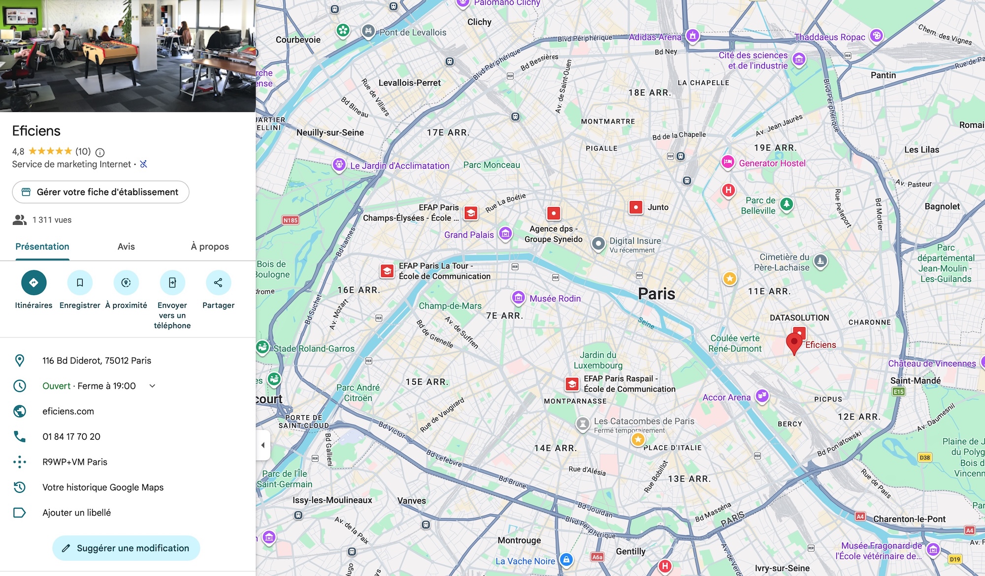 Localisation d'Eficiens à Pairs. Plan Google Maps