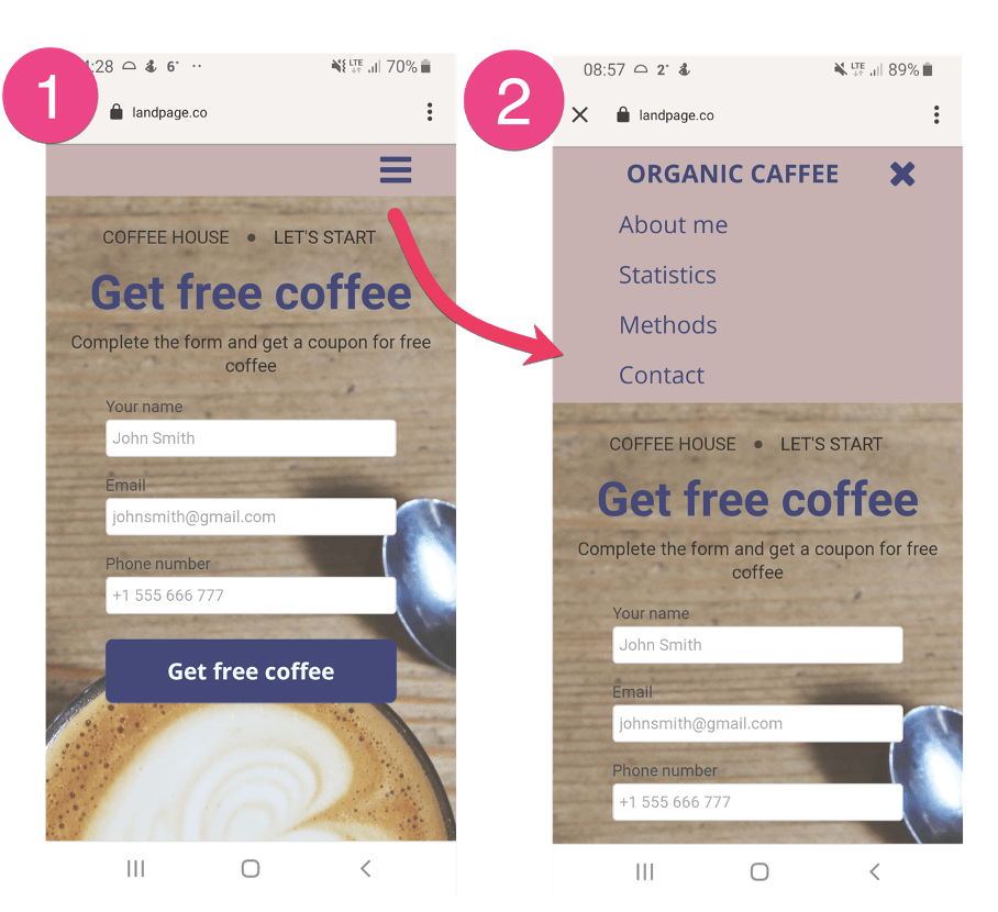 Illustration d’un menu hamburger en version mobile-friendly chez le landing page builder Landingi