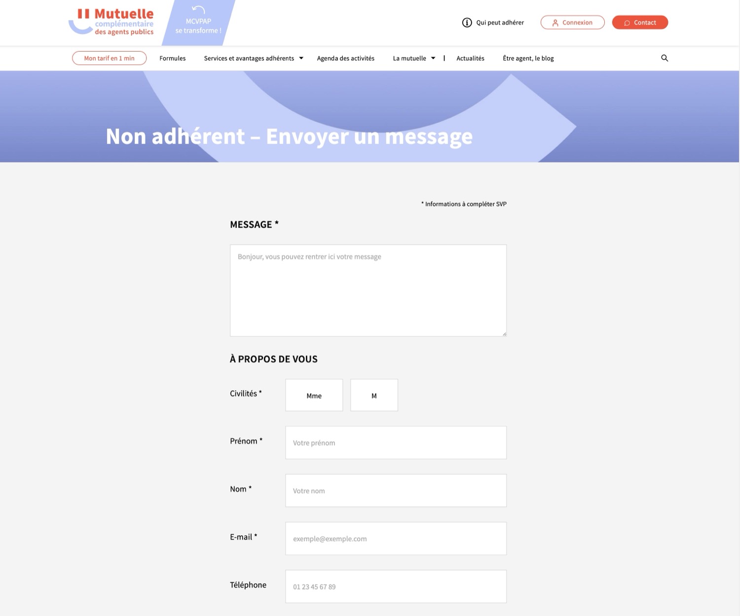 Page de contact site assurance gravity form