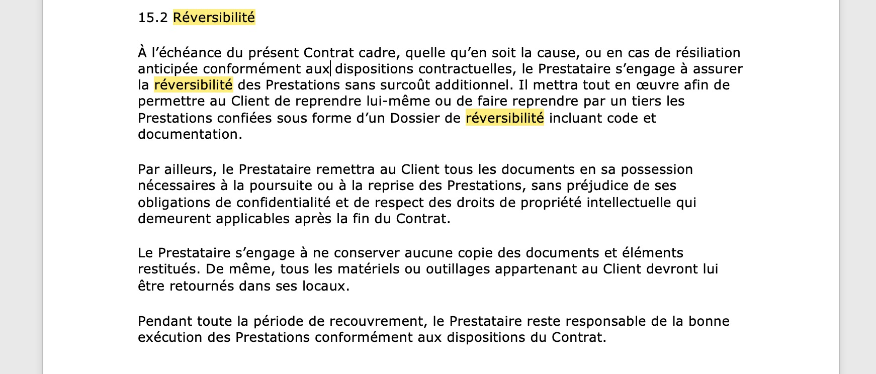 Exemple de clause de réversibilité standard dans les contrats Eficiens