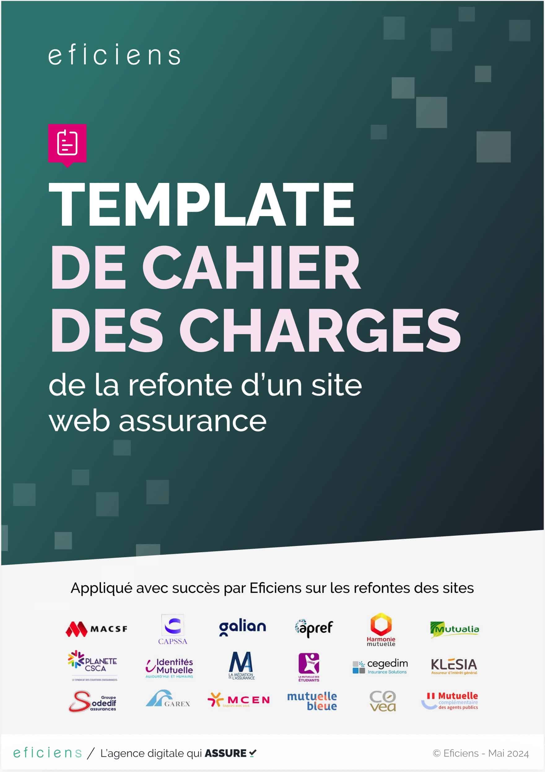 Page de garde du template de cahiers des charges de refonte de site web assurance | Par Eficiens