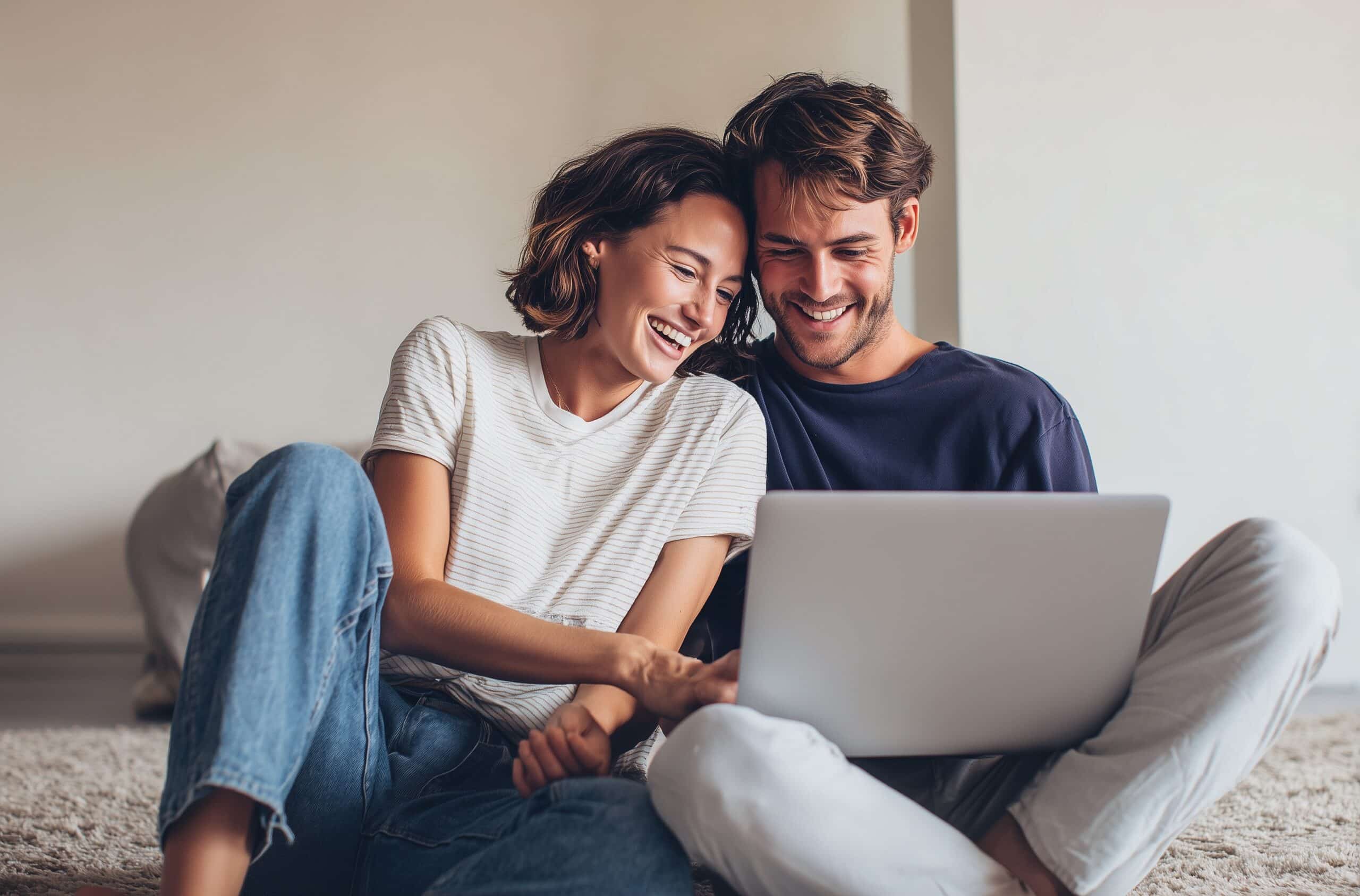 jeune couple à la maison sur un canapé faisant une simulation d assurance emprunteur