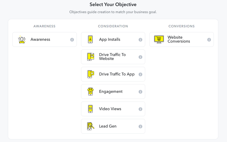 Liste des objectifs Publicité Snapchat