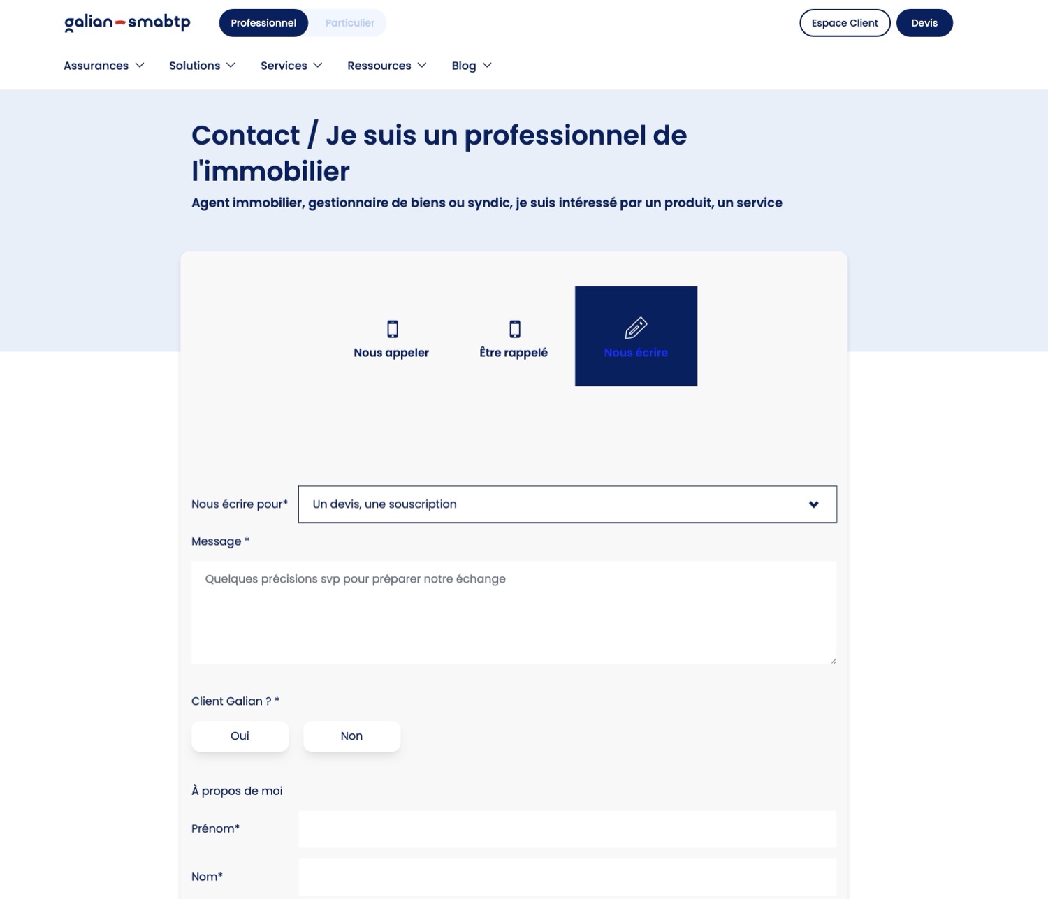 Page contact site assurance B2B Galian